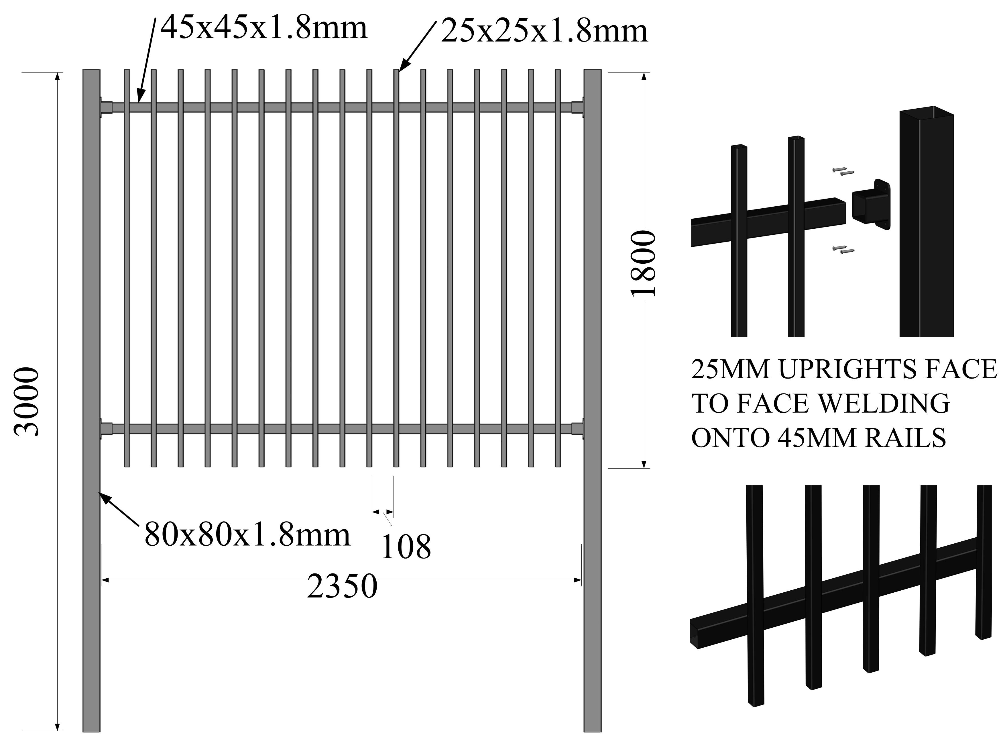 1800mm height x 2350mm width flat top tubular steel fence panels INTERPON powder coated black