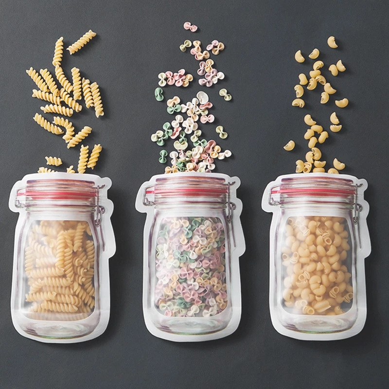 Factory Price Mason Jar Shape Storage Bags Snacks Candy Fresh Zipper Seal Food Reusable Stand-up Organizer