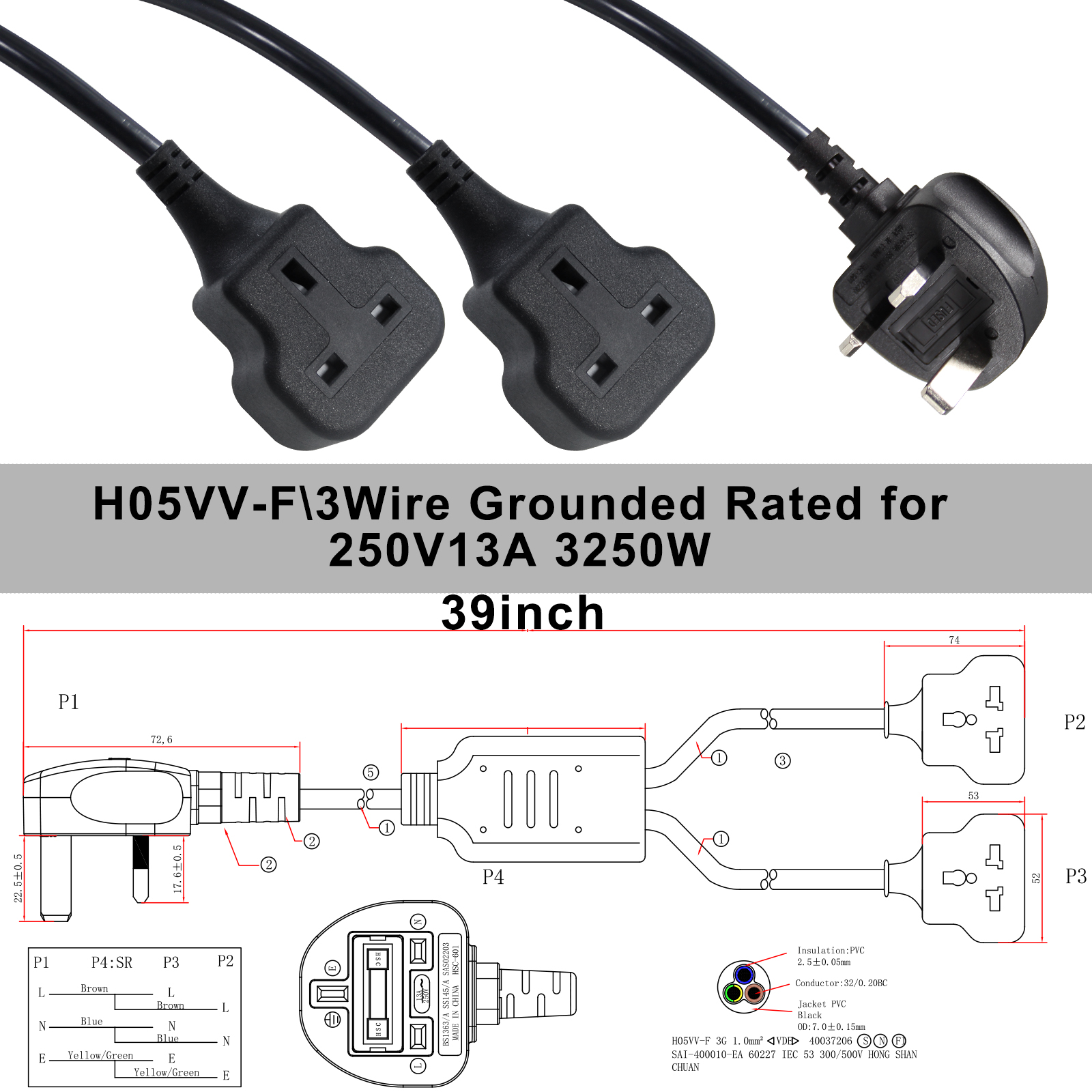 Copper 3 Wires AC Power Cord UK 3Pin Male To Double Female Connector Y Splitter England Cable