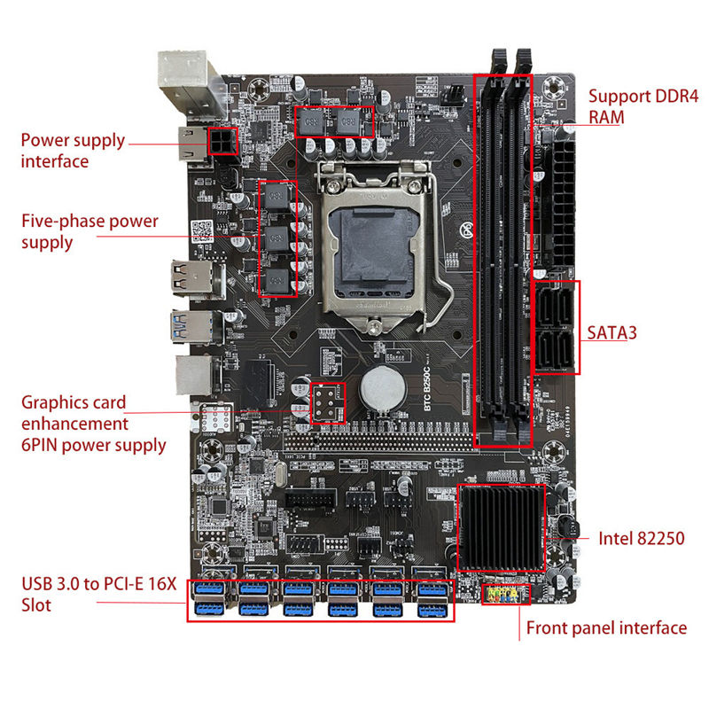 Customized high quality 12 USB transfer graphics card B250C motherboard B250C LGA1151 4 x SATA 16GB motherboard promotion