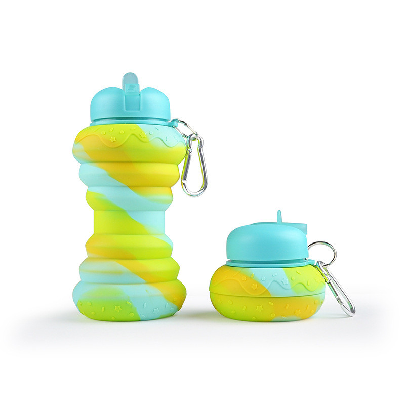 Doughnut Collapsible Water Bottle For Kids 19oz BPA Free Leakproof Silicone Rainbow Water Bottles For School Students