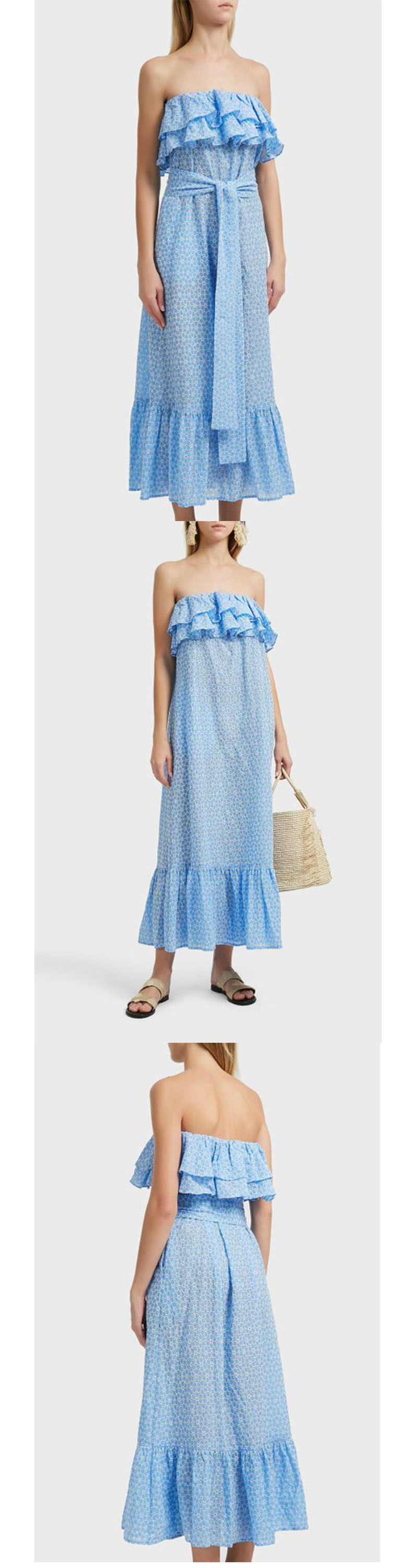 Women Blue Cotton Off Shoulder Floral Embroidery Ruffle Dress Women