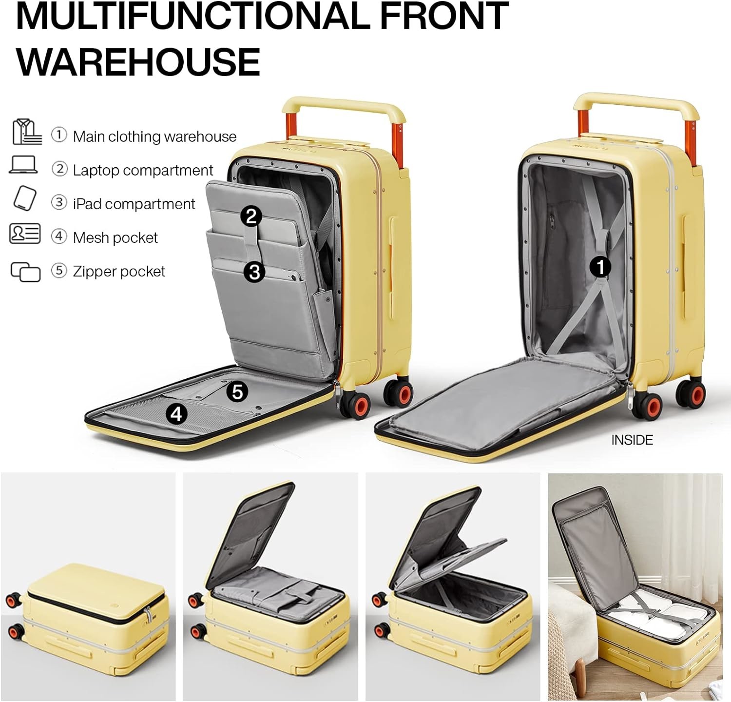 Luggage Wide Handle Luxury Design Rolling Travel Suitcase PC Hardside with Aluminum Frame Hollow Spinner Wheels,