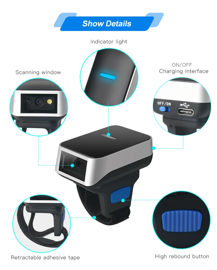 1d 2D Wearable Ring Barcode Scanner Mini Portable Bluetooth Finger Ring Barcode Scanner
