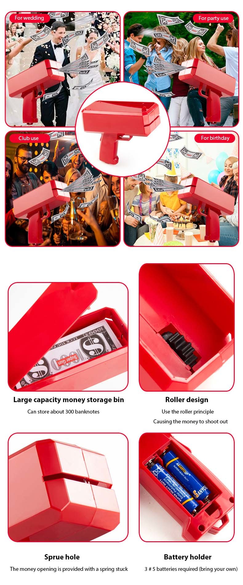 Party Decoration Birthday Cash Cannon Spray Real Plastic Scatter Pistolet Gold Toy Dollar Money Gun for Party Goods