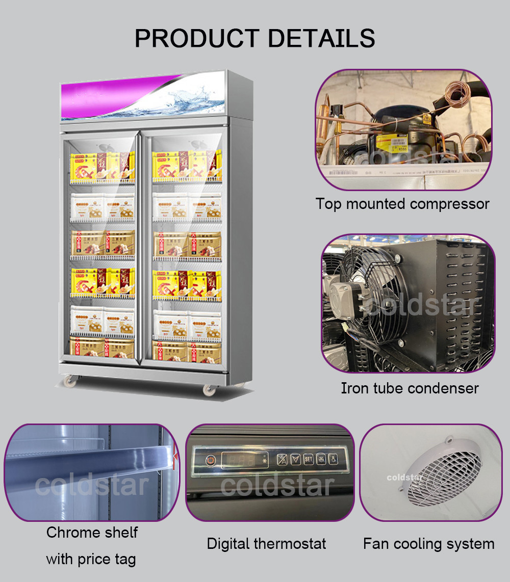 1000L Glass Door Display Showcase Upright Freezer With Fan Cooling System