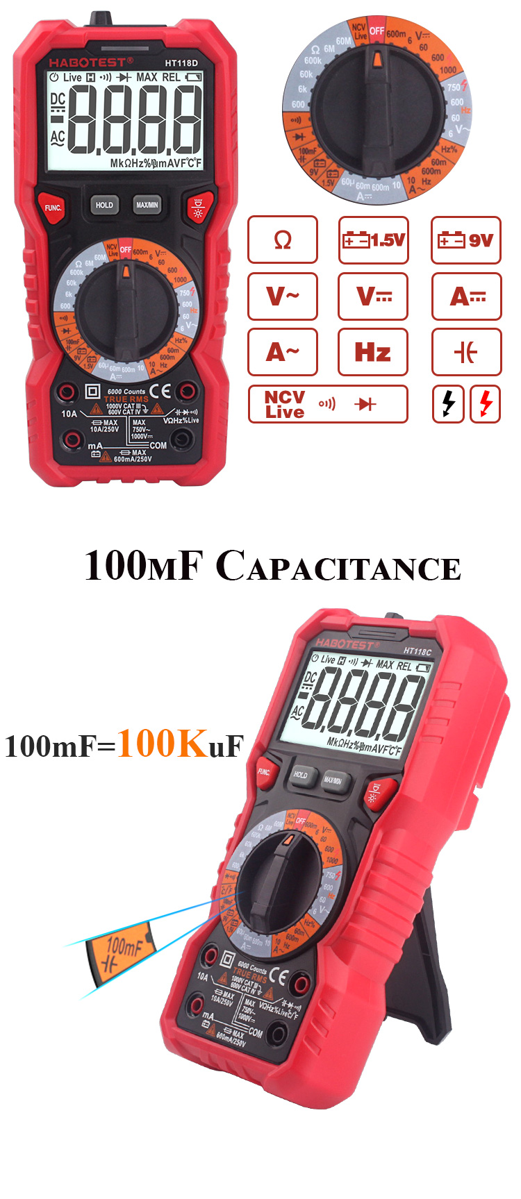 Habotest HT118A 6000 Counts True RMS LCD Smart Multimeter Tester Professional Meter for Capacitance test