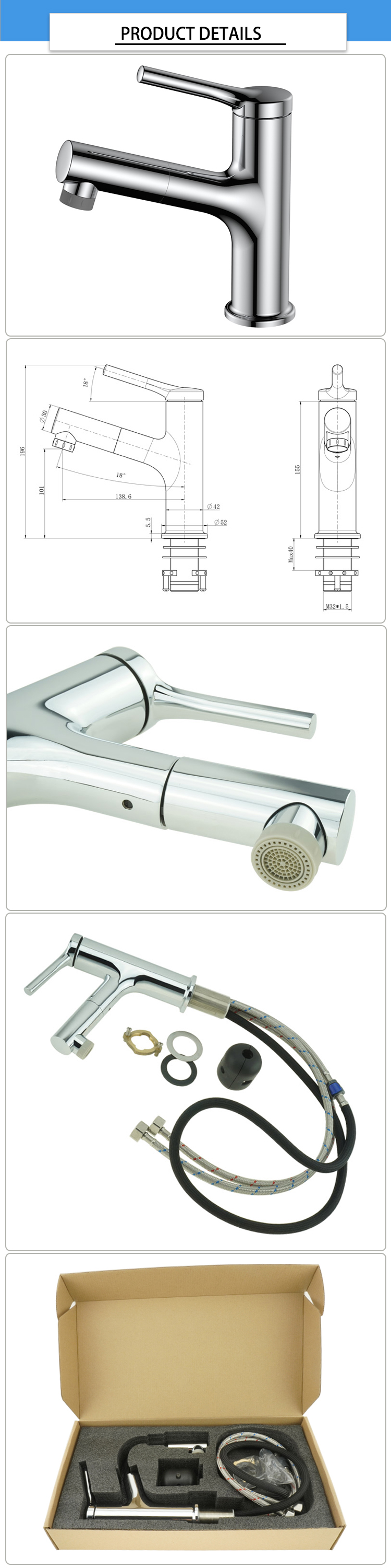 Pull Down Sprayer 1.6KGS 196mm Wash Basin Faucet