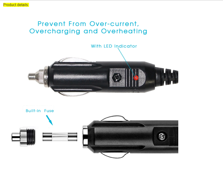 PVC Insulation Car Cigarette Lighter Cable 12V DC 5.5mm * 2.1mm Low Voltage