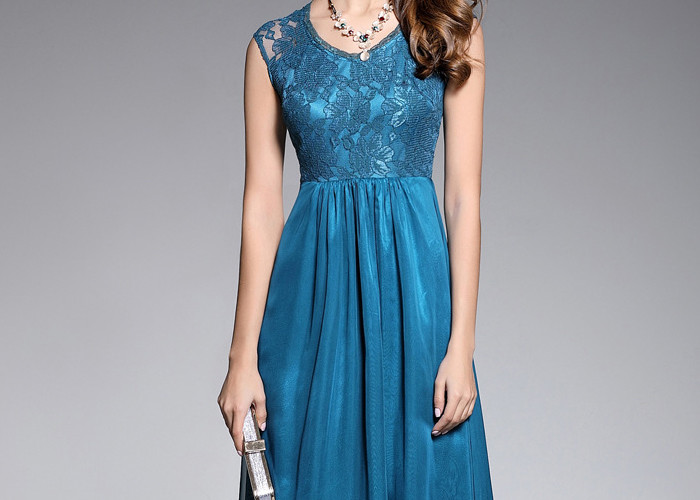 Dusty Blue Wedding Bridesmaid Dresses / Back Lace Chiffon Lace Evening Gown
