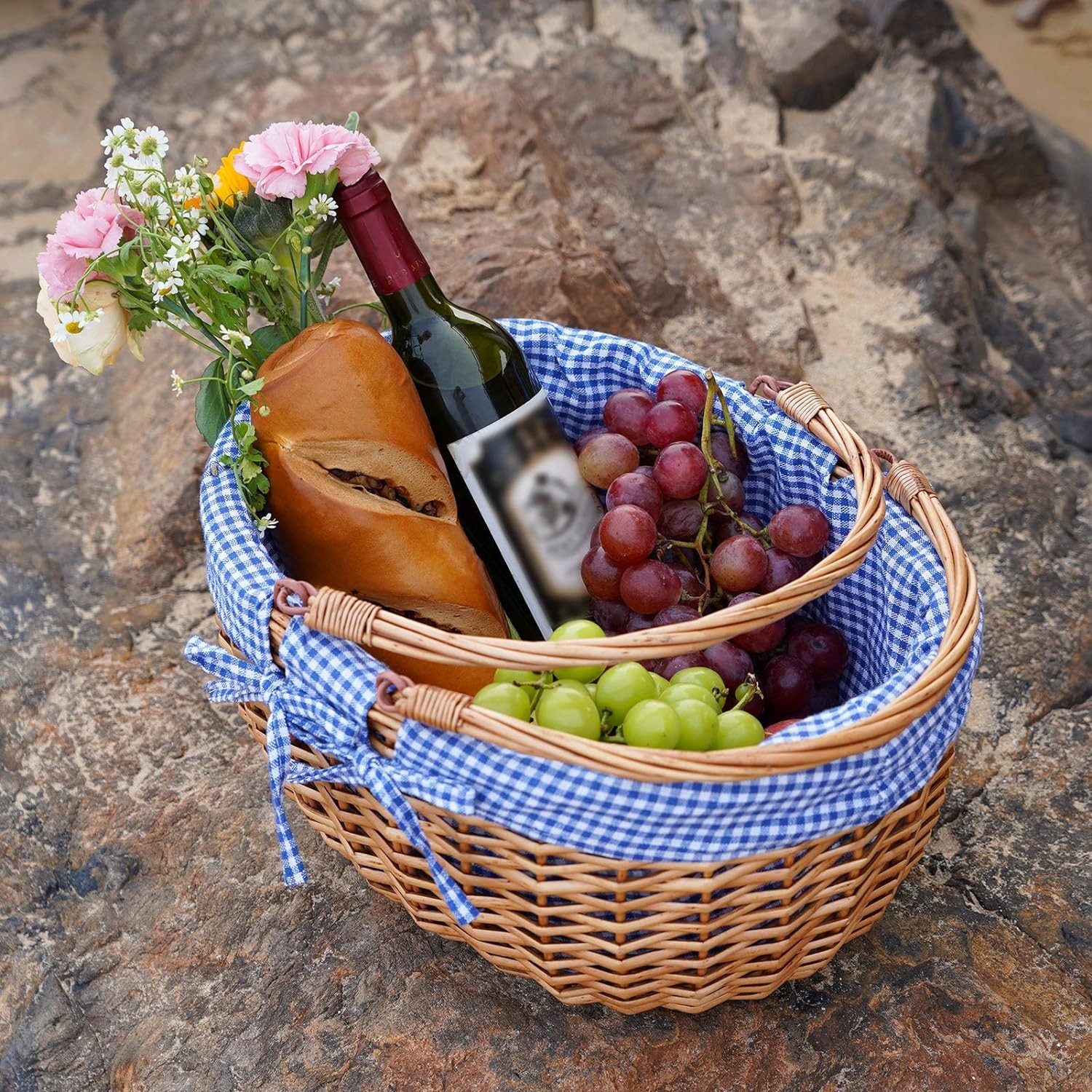 G GOOD GAIN Wicker Picnic Basket with Double Folding Handles,Willow Picnic Hamper,Natural Hand Woven Easter Basket,