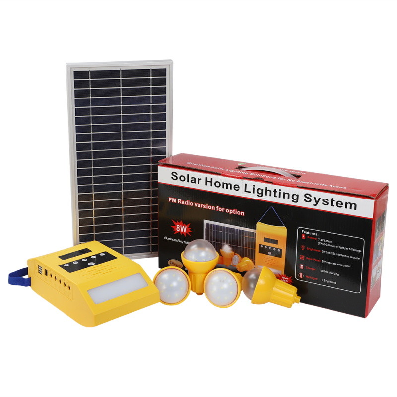 solar led home lighting system with 4 bulbs 2 USB ports FM radio