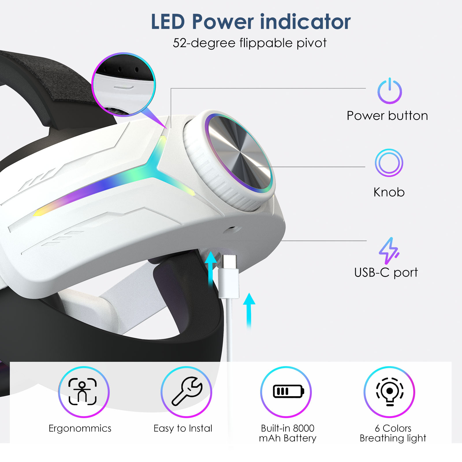 New for Meta Quest 3 With RGB Headset and VR Headset With 8000mAh for Meta Quest 3 VR Accessories