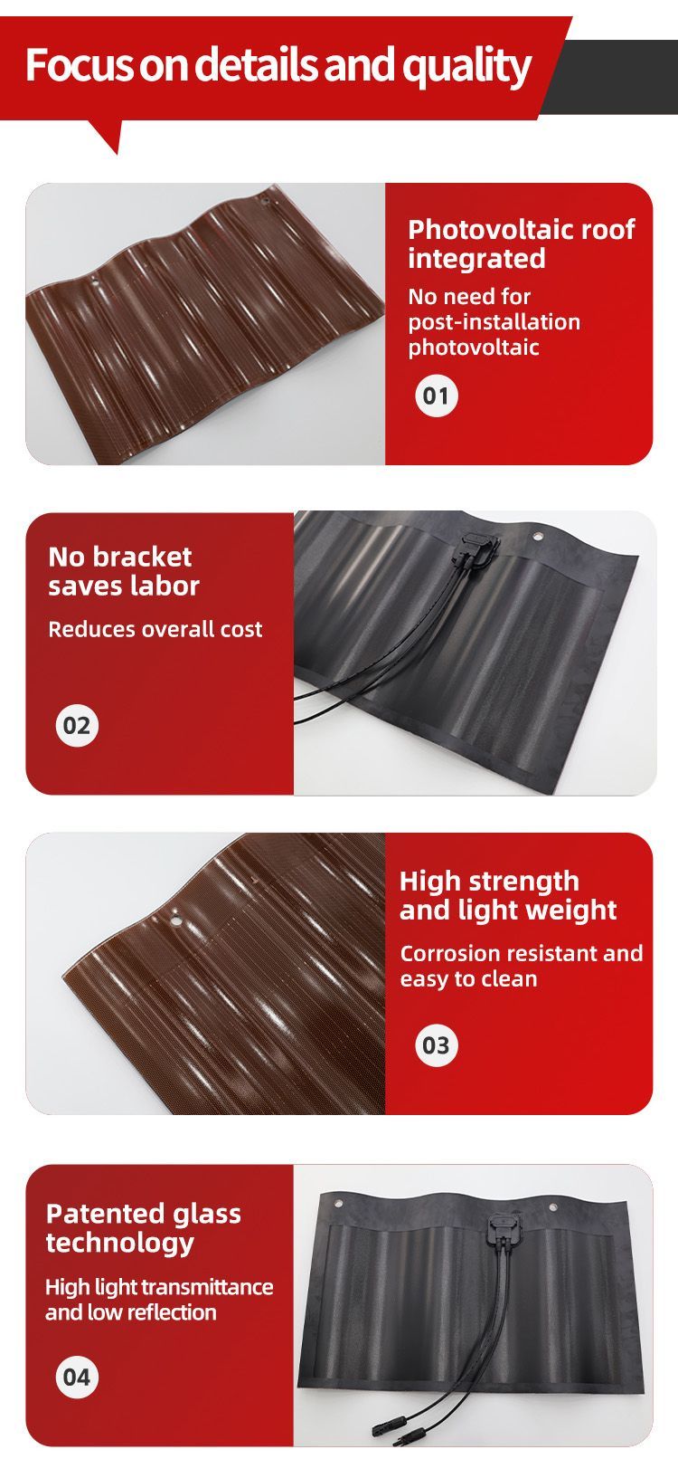 60W BIPV Solar Panels - Curved Red Photovoltaic Tiles with CE Certification