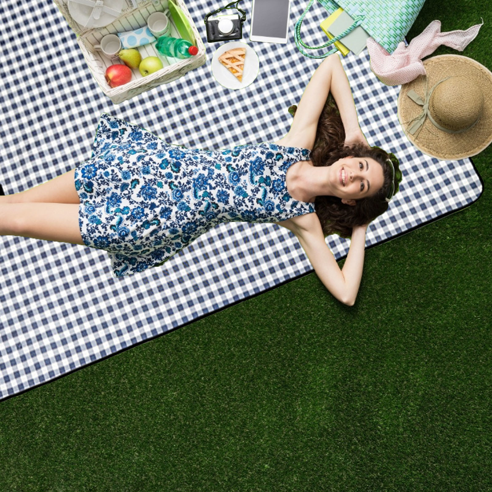 Foldable Gingham Outdoor Picnic Mat Sandproof Waterproof 2M Camping Beach Blanket