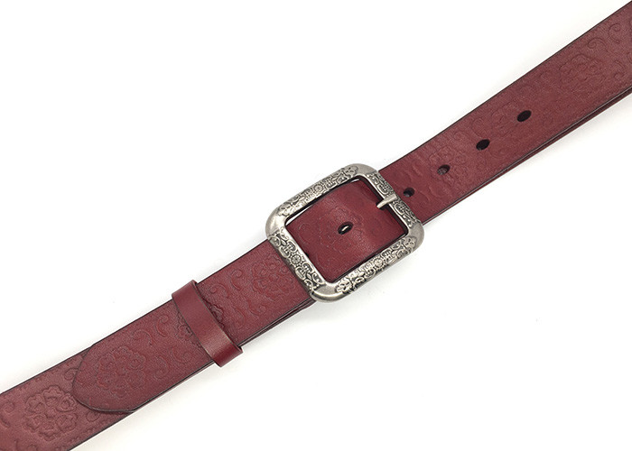 Vintage Buckle Mens Casual Leather Belt / Embossed Brown Leather Western Belt 1 1/2"