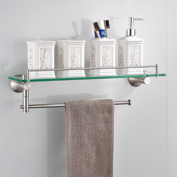 Single Layer Bathroom Towel Rack Rectangular Glass Shelf With Towel Bar Shower