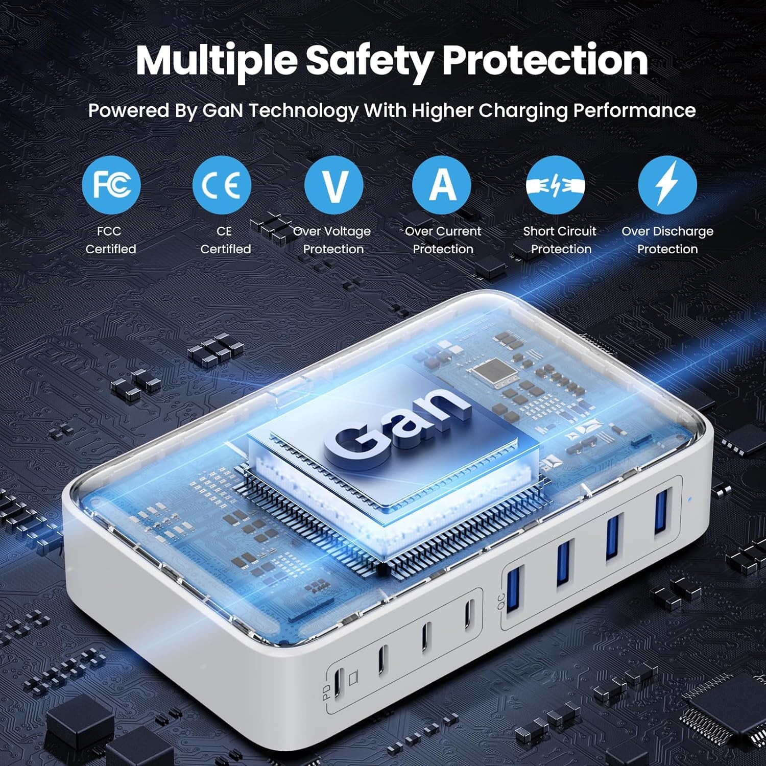 200W USB C Charger Block GaN 8-Port USB C Fast Charging For Smartphone Tablets