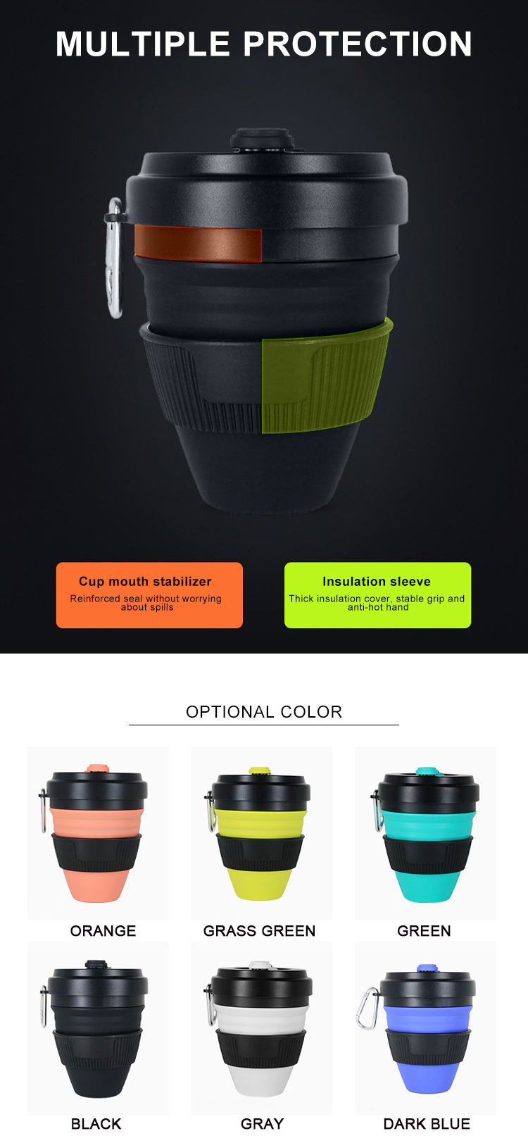 450ml Black Food-Grade Collapsibel Silicone Pocket-Sized Travel Camping Mug