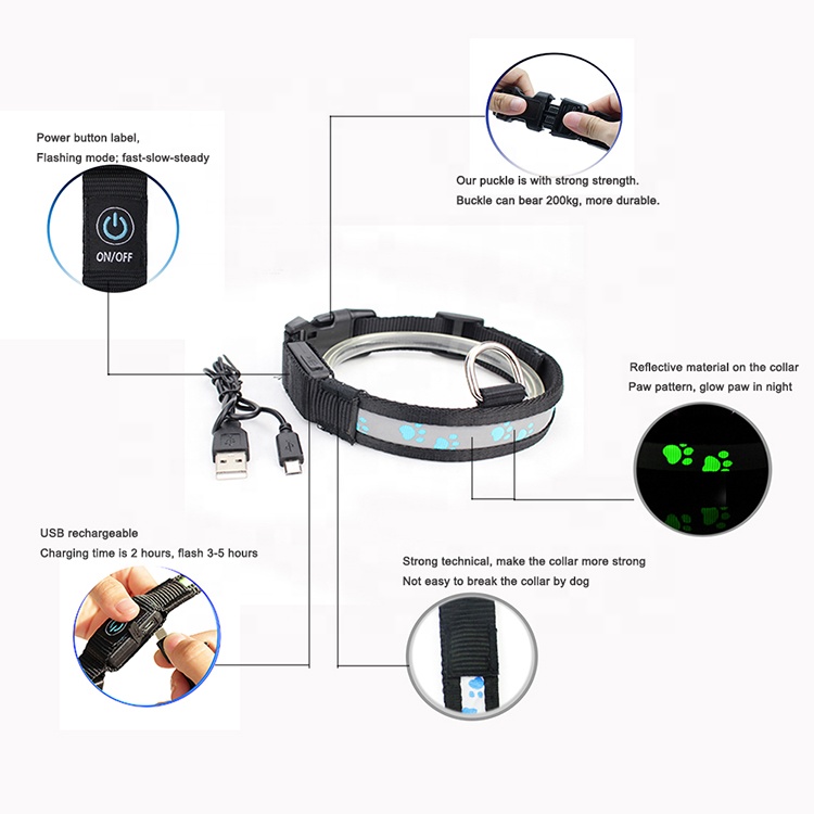 C903 New Custom Pet Product Adjustable Reflective Nylon Usb Led Dog Collar Rechargeable for Dogs Dog Sex