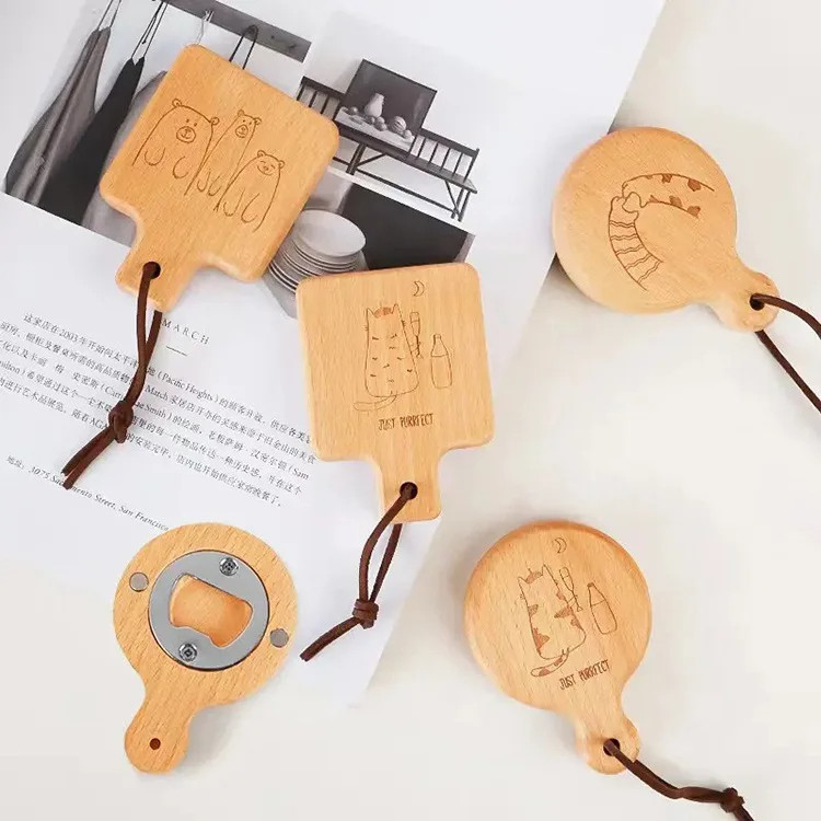 Custom Wood Beer Bottle Opener for Wedding Corkscrew Party Gift Wooden Handle Opener Keychain