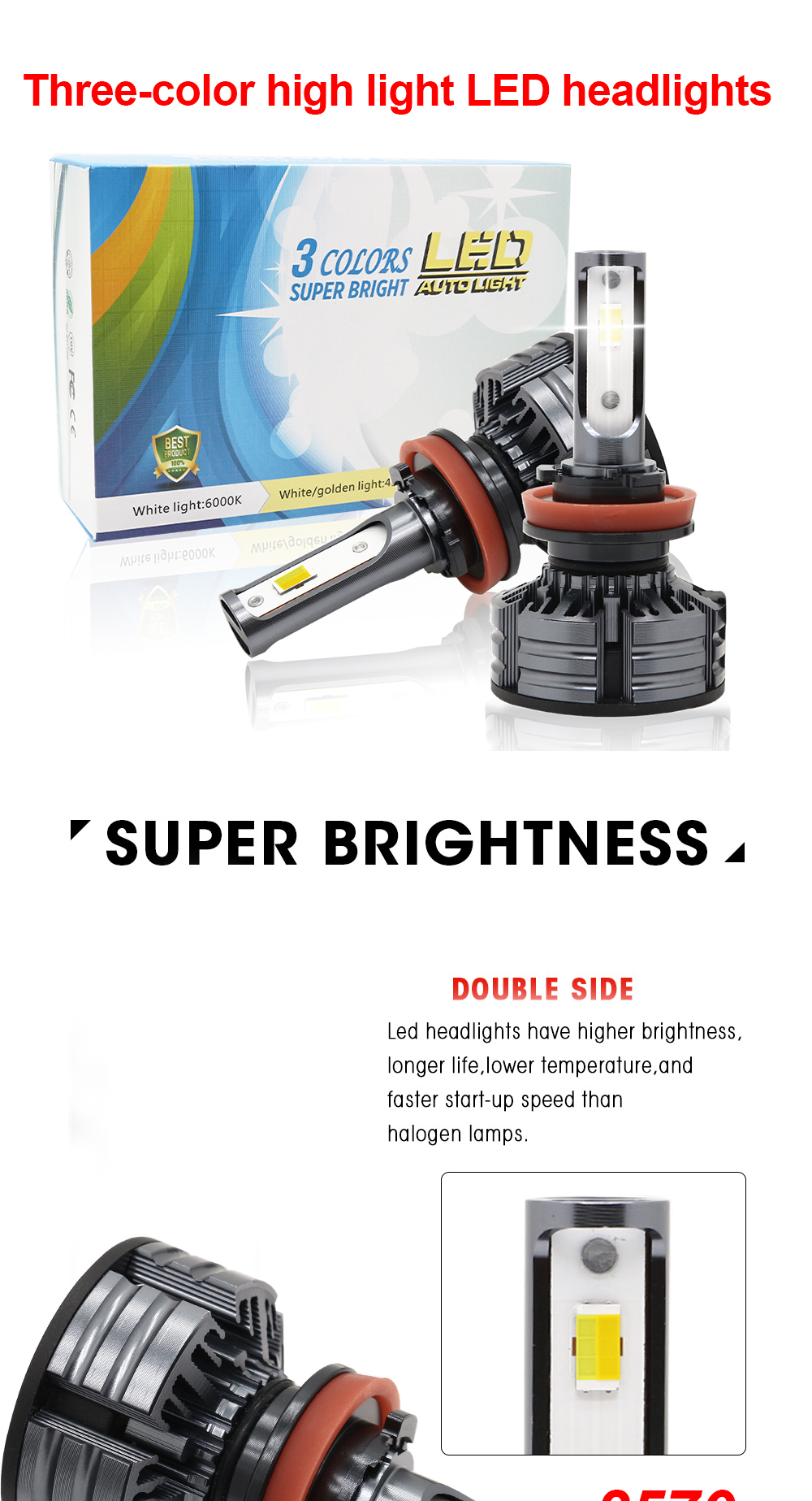 Universal 3 Color Brightest Led Headlight Bulbs H1 H3 H4 H7 H11 9005 9006