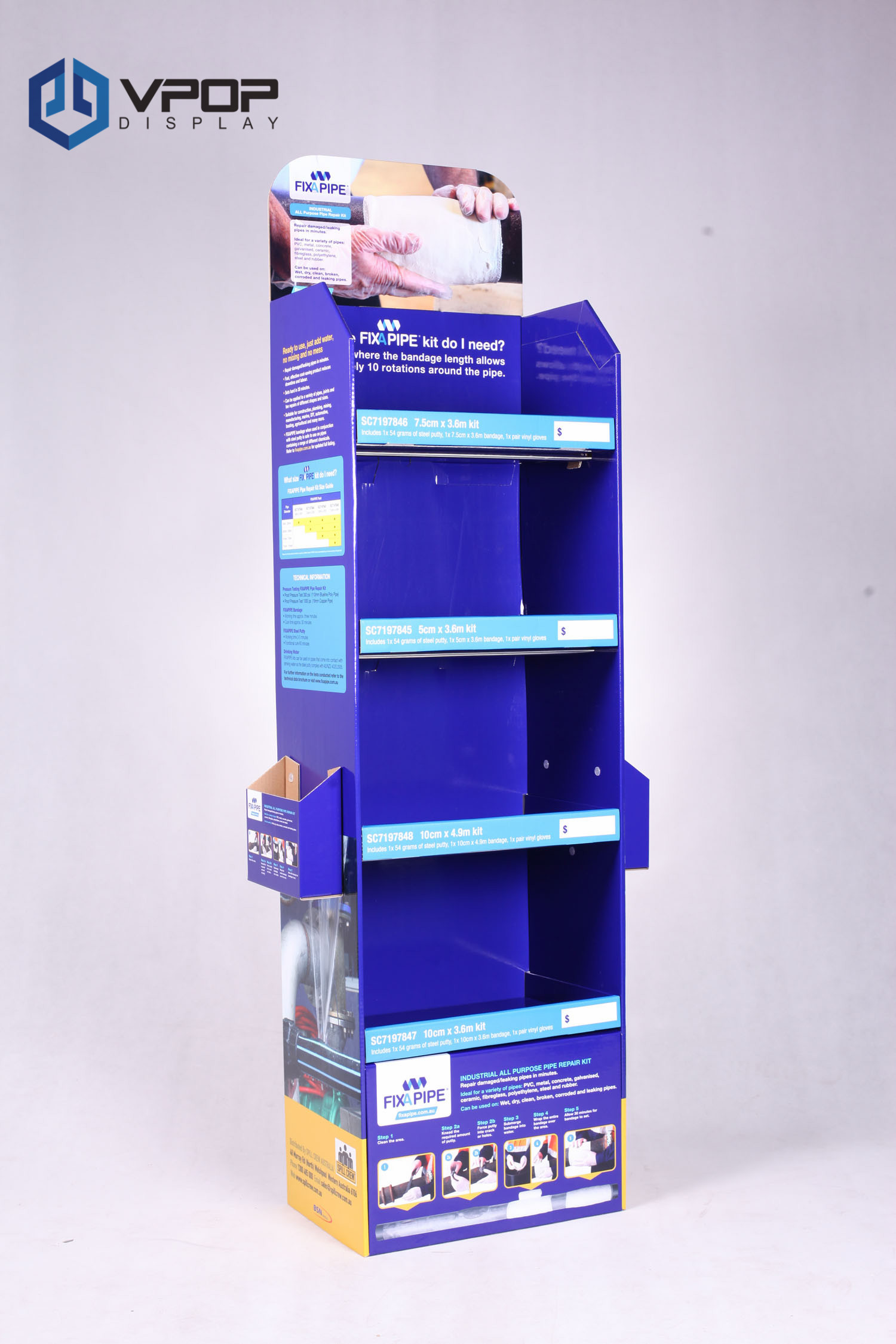 4 Shelves Blue Cardboard Pop Up Display Advertising For Water Stop Bandage