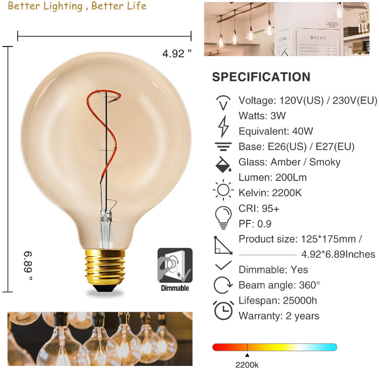 4Watt Amber Spiral LED Filament Bulbs G125 Globe Bulb 200lm