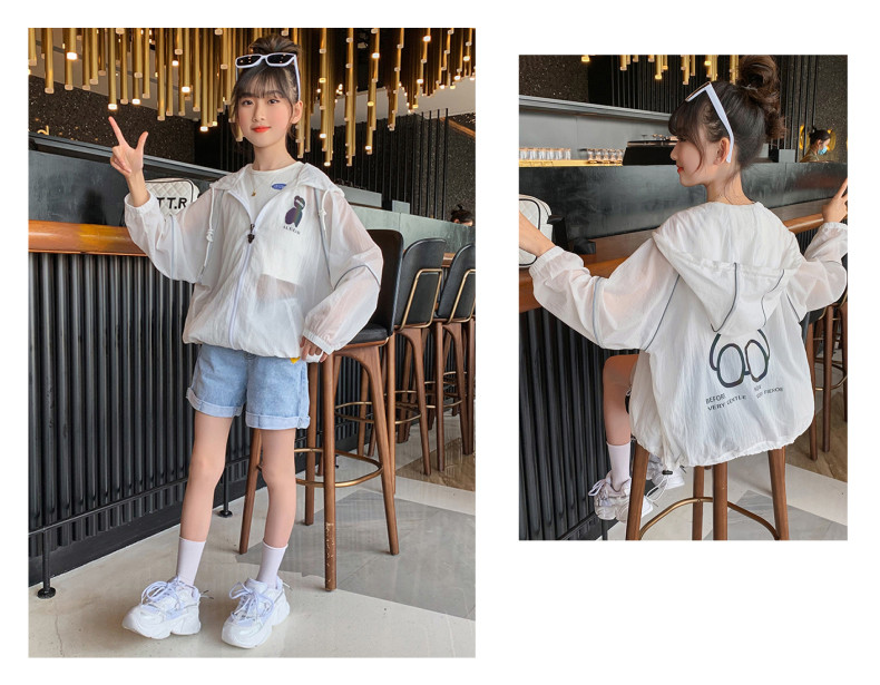 Summer sun-protective clothing for children, light, breathable and UV resistant, summer hooded skin clothing for girls