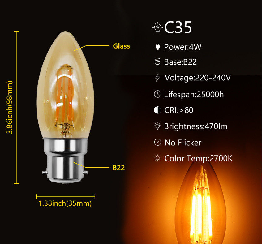240V C35 4W Filament Bulb B22 220V Retro Edison Bulb Vintage 2700K