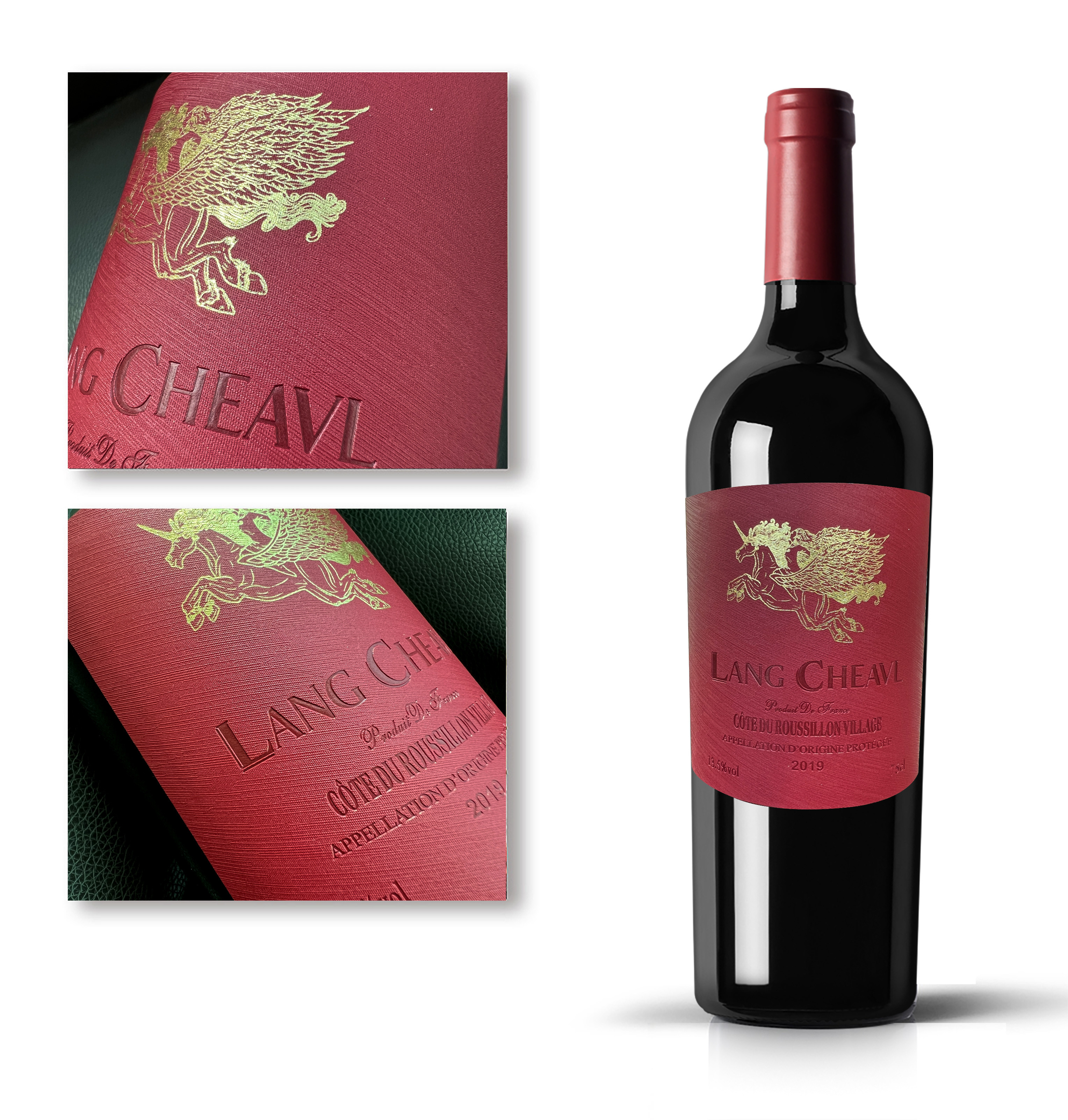 Custom Private Wine Label Black Color Premium Gold Foil Stamping Leather Red Wine Bottle Label