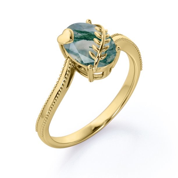 Leaf and Heart Prong 1 Carat Oval Cut Milky Dendritic Moss Green Agate Milgrain Edge Solitaire Engagement Ring in 18K Y