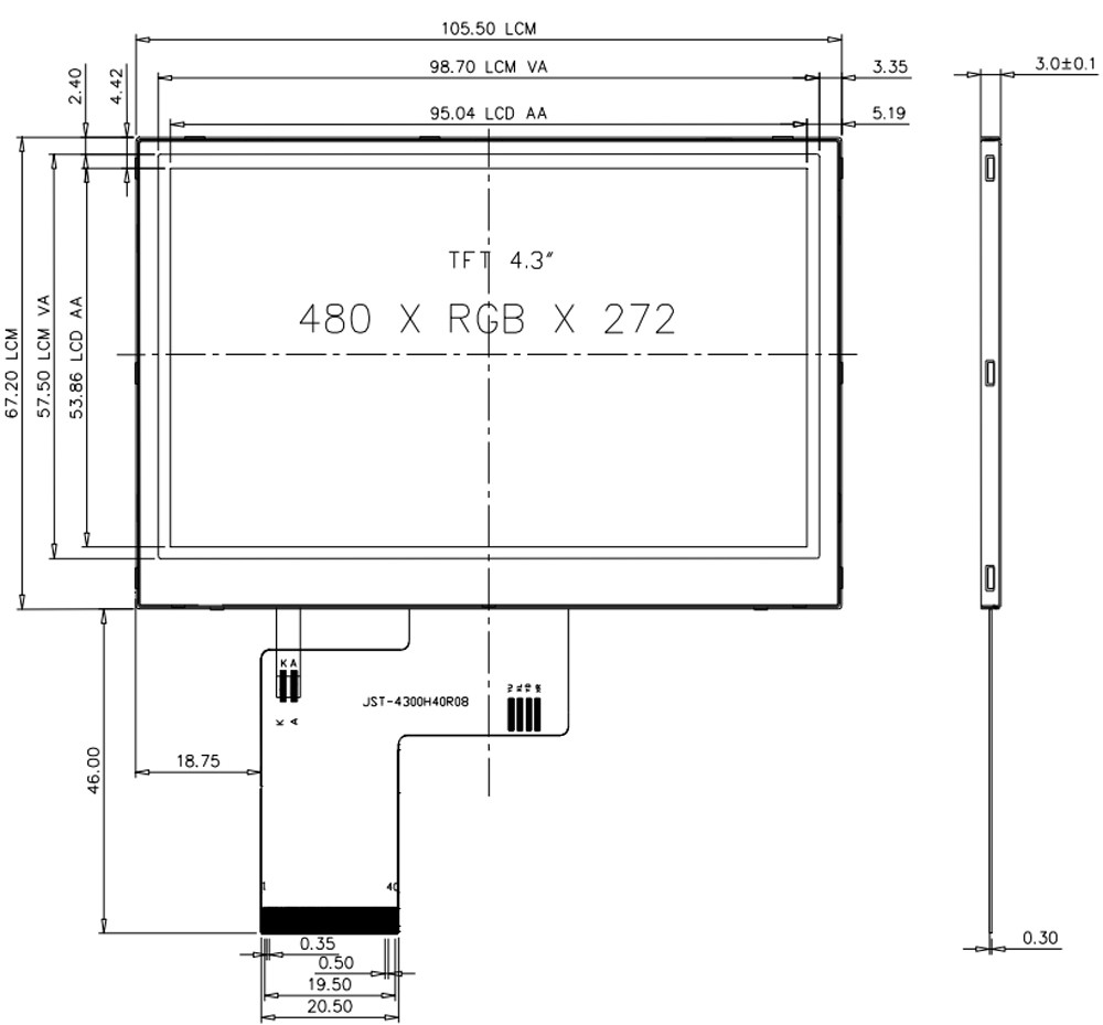 4.3 Inch IPS 480*272 Pixel TFT LCD Display ST7283 Driver IC All Viewing Angles