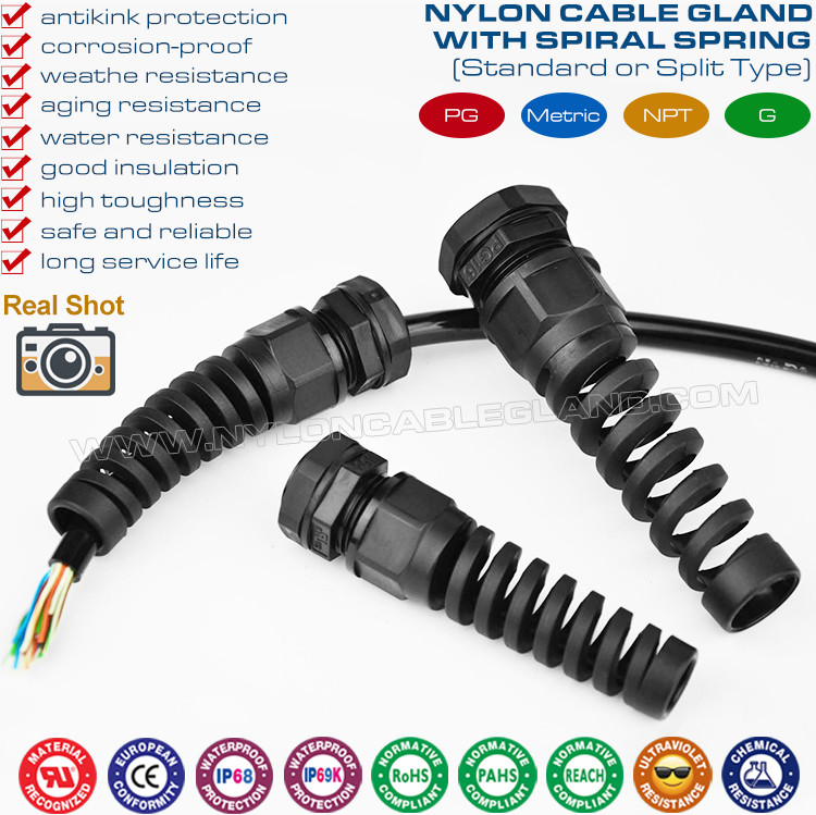 Strain Relief Flexible Cable Glands, Spiral, Nylon 6 (PA6), G1/4"~G3/4" Thread, IP68, Gray RAL7035 or Black RAL9005
