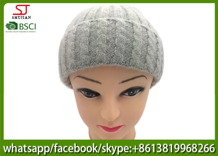 Chinese manufactuer knitting stripe beanie winter hats 45%cony hair 15%wool 40%Acrylic104g 20*21cm light grey best price