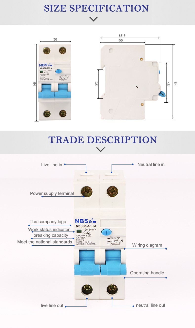 NBSB6-63LM Residual Current Protective Device , RCBO 4 Pole Circuit Breaker