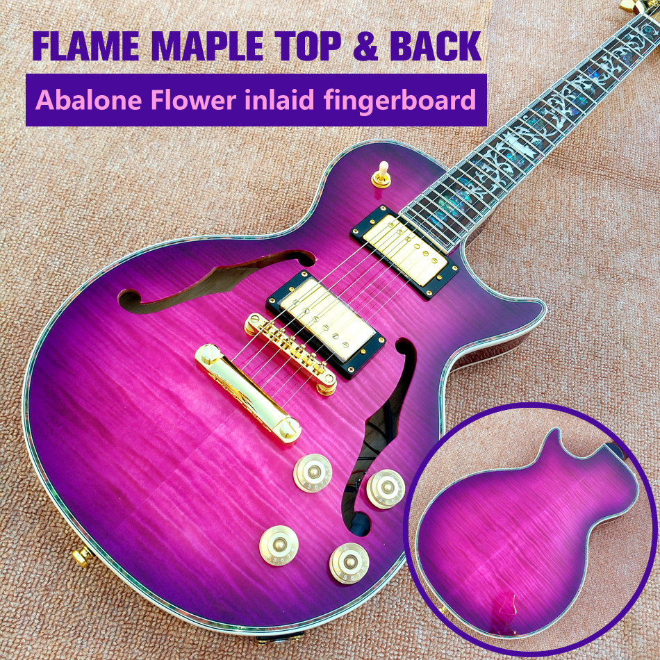 Custom LP Semi Hollow body Electric Guitar with F holes, Abalone Flower inlaid fingerboard guitar, free shipping