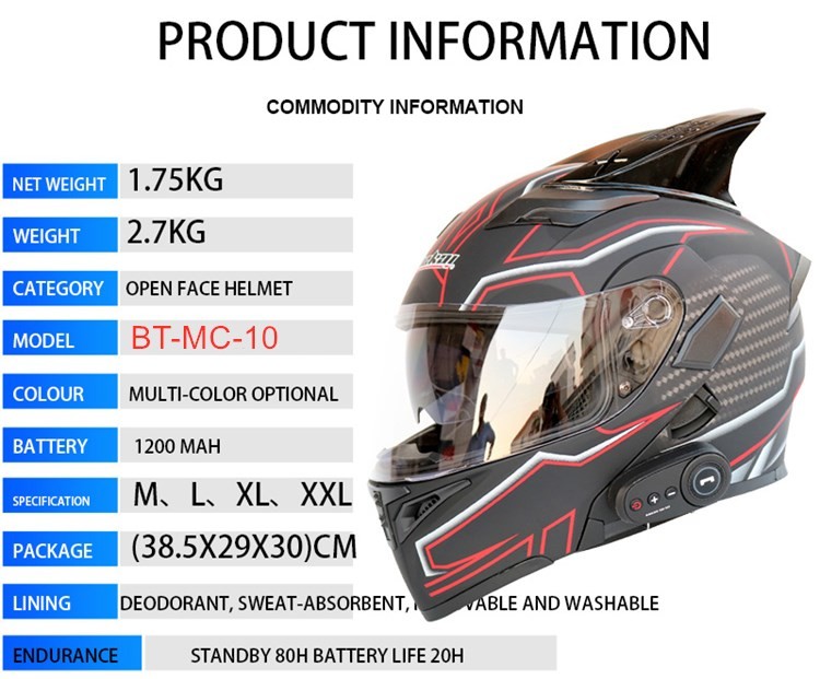 DOT Approval Double Lens M/L/XL/XXL Motorcycle Smart Flip Up Intercom Wireless Blue tooth Helmet black color
