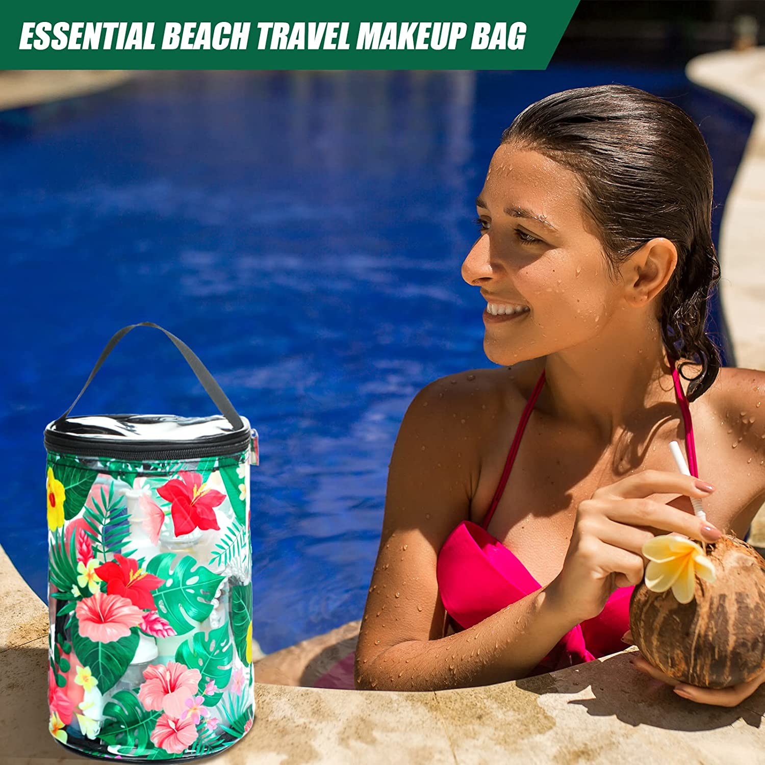 Clear Beach Makeup Bag Waterproof Toiletry Bag PVC Cosmetic Bag with Beach Survival turtle Sailboat Hawaiian Floral