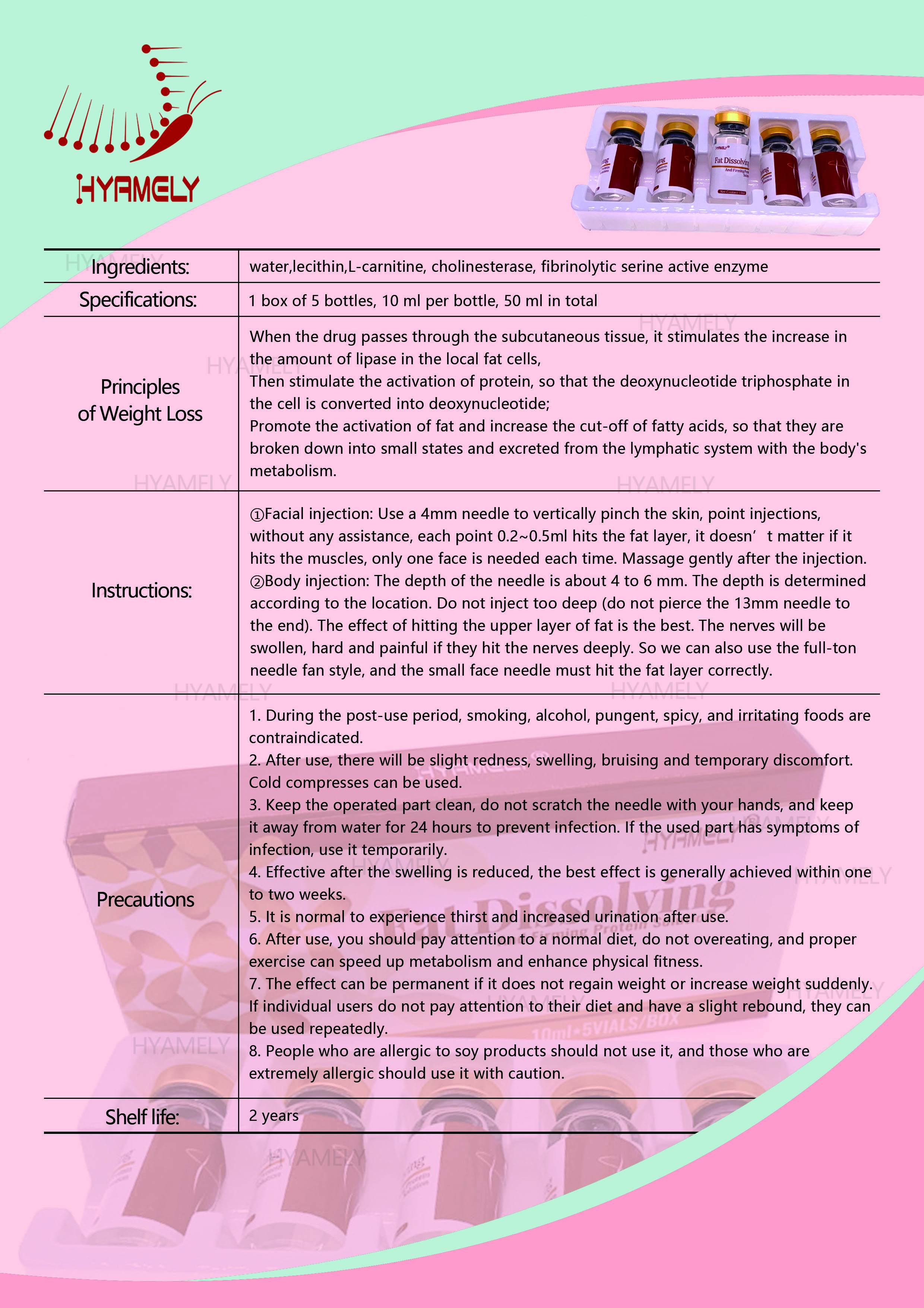 Hyamely 5 Vials Fat Dissolving Lipolysis Solution For Face And Body