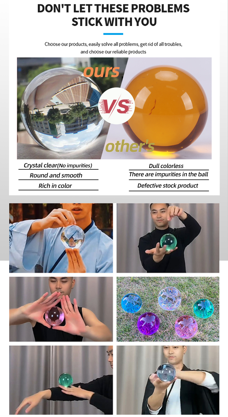Custom transparent Contact Juggling Ball Magic Tricks Crystal Ultra Clear Acrylic Resin Ball Manipulation Juggling ball