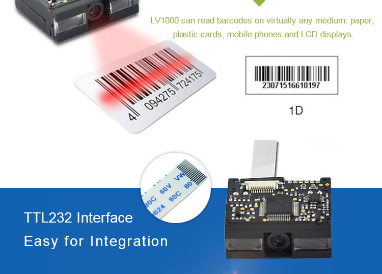 Lightweight TTL232 Barcode Scanner 0.33W 32 Bit Colour Depth for PDA