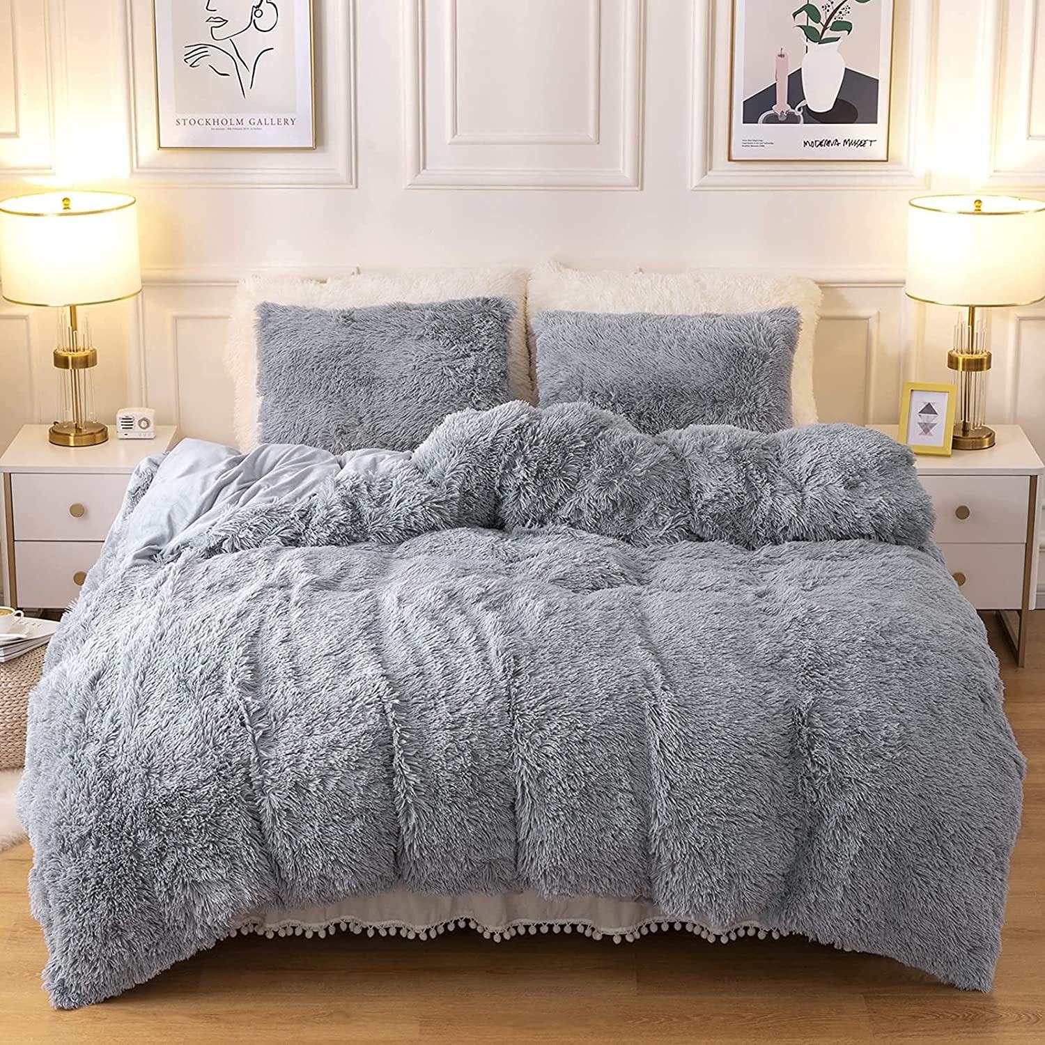 Fluffy Plush Faux Fur Velvet Shaggy Queen King Size Duvet Cover Bedding Set Customized
