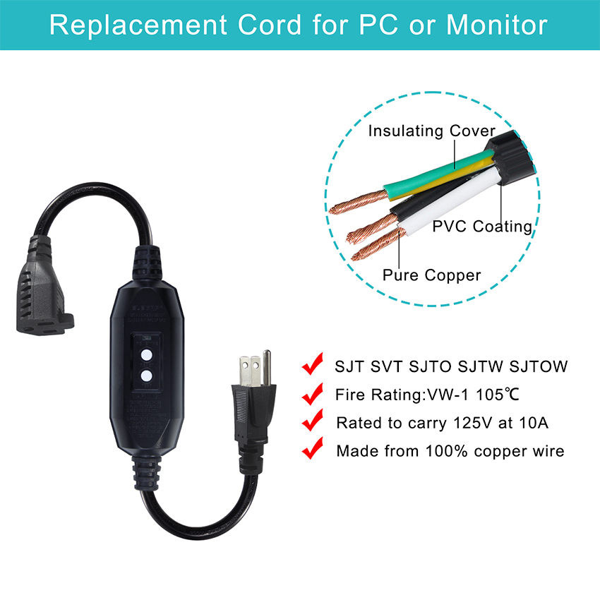 GFCI NEMA 515P To 515R AC Power Cord for PC Laptop Supply Cable 4 Ft Black Extension Wire