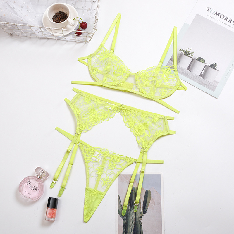 Lace Mesh Sexy Mature Lingerie S-L bodysuit lingerie Erotic Breathable 3 Piece Bra Set