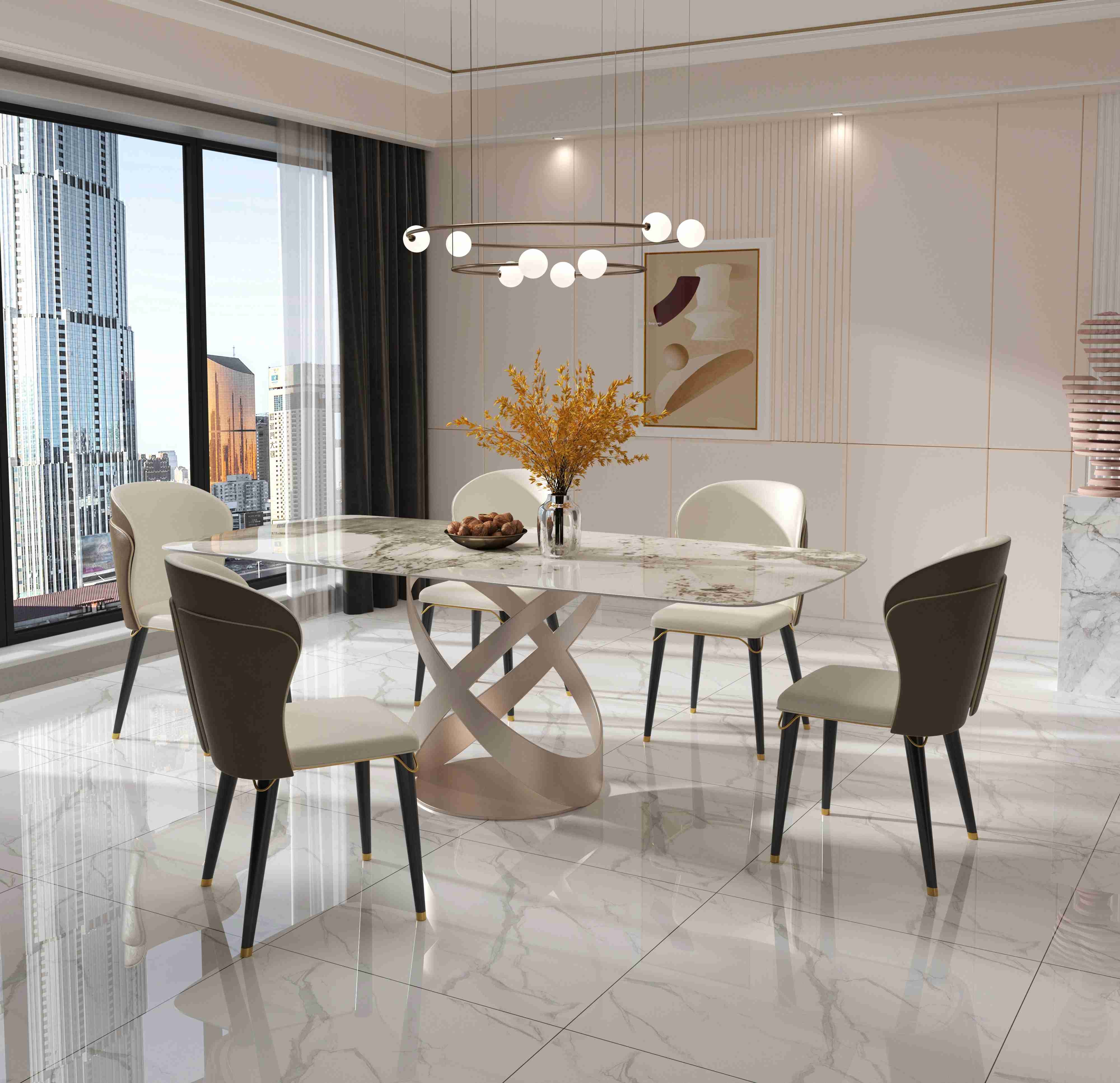 Luxury Contemporary Dining Table Chair Sets With X Stainless Teel Base