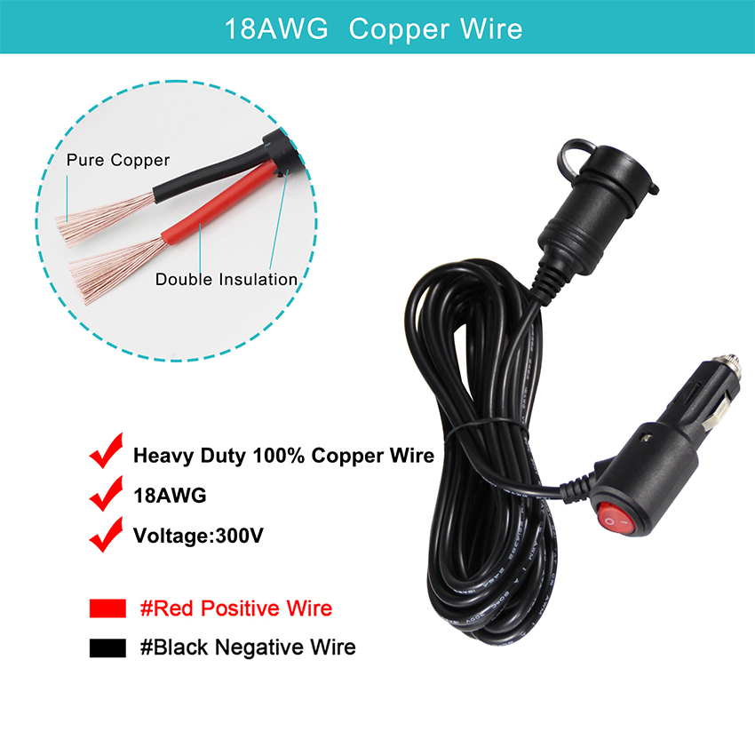 Car Cigarette Lighter Charger with Switch and Male To Female Connector