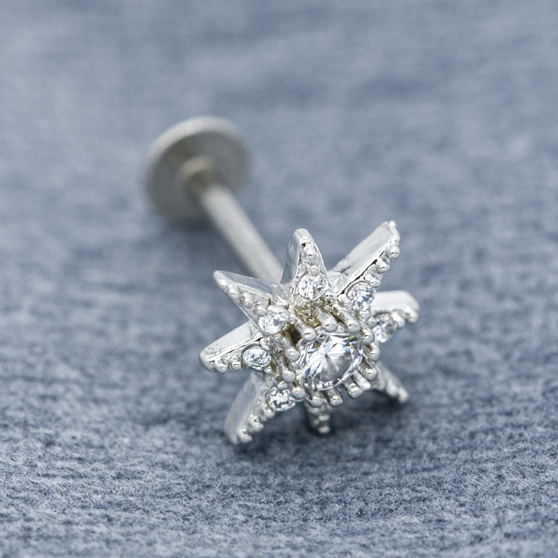 Flower Top 16G Labret Piercing Jewelry 8mm Clear Gems 316 Stainless Steel Bar