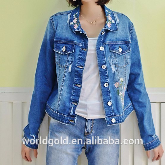 Distressed Stretch Printed Ladies Short Denim Jacket With Rhinestone Trimming
