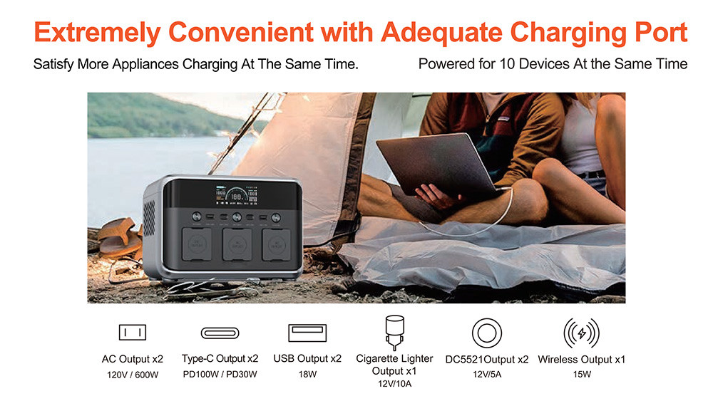 600W Portable Solar Power Supply With Multiple Charging Ports And LED Light For Weekend Camping